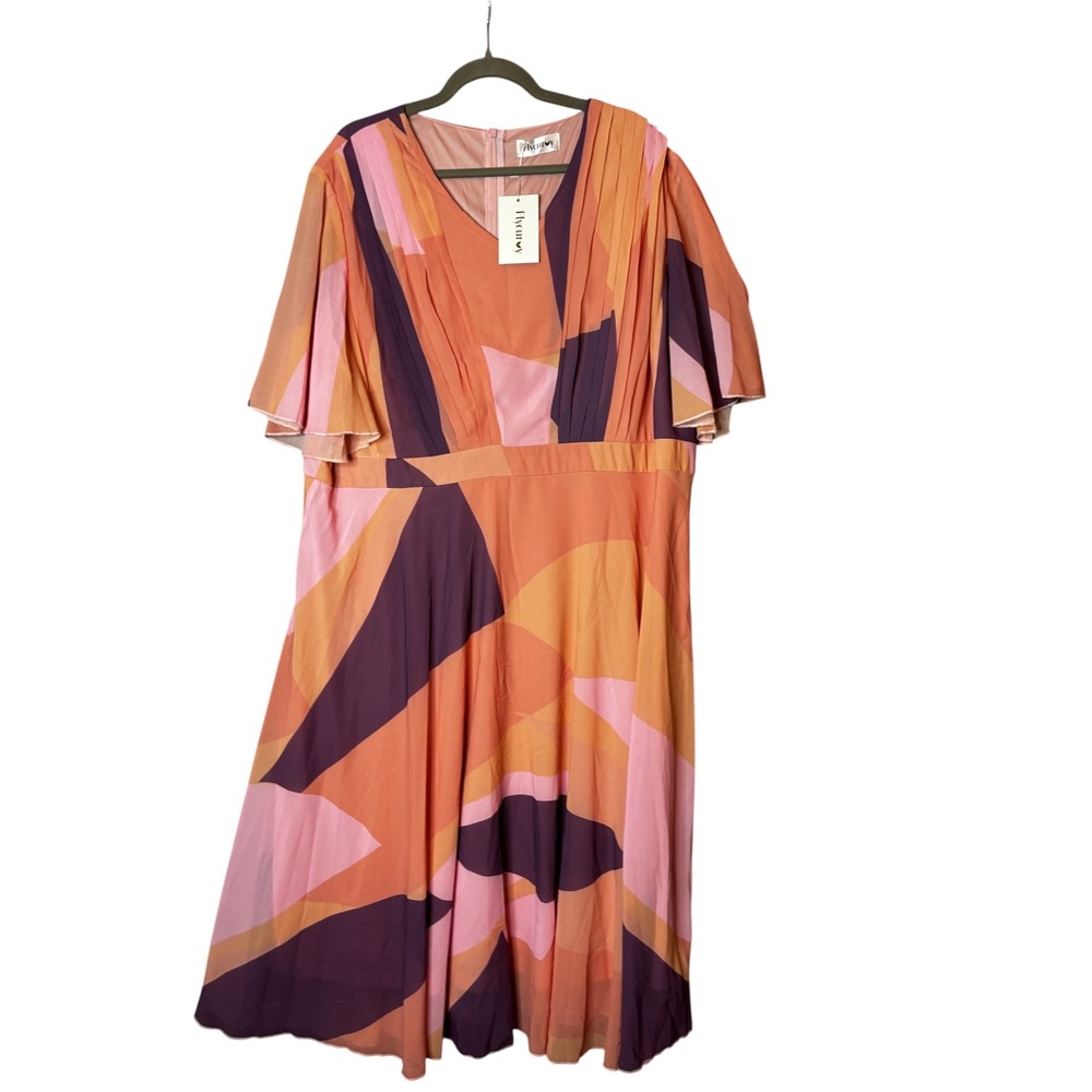 Flycurvy Womens Geometric Abstract Print Pleated V-Neck Flutter Sleeve Dress 3X